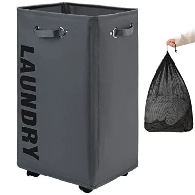 Imagen de DOKEHOM 29 Inches Bolsas Cestos para la Colada con Ruedas, Gran Servicio de lavandería, Plegable Bolsa Lavado Ropa Bin (Gris Oscuro, XL)