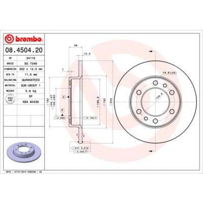 Imagen de BREMBO 08.4504.20 Disco de freno 302 12,4 6 macizo TOYOTA: Land Cruiser Prado 70 SUV