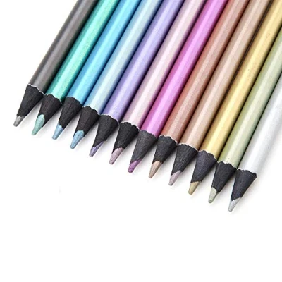 Imagen de 12pcs lápices de colores metálicos, no tóxicos, madera negros fijados para libros colorear en 12