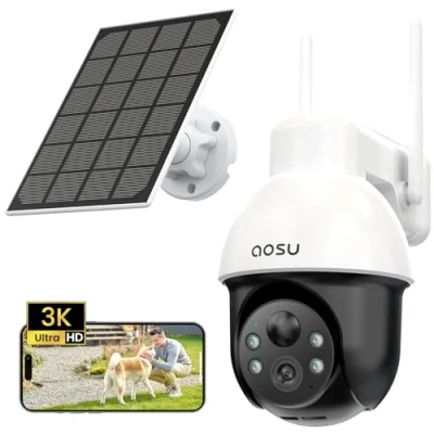 Imagen de AOSU 3K 5MP Cámara de Vigilancia WiFi Exterior, Pilas Seguridad Inalámbrica, Panorama PTZ 360, Panel Solar Portátil, Detección PIR Personas y Coches, Visión Nocturna Color