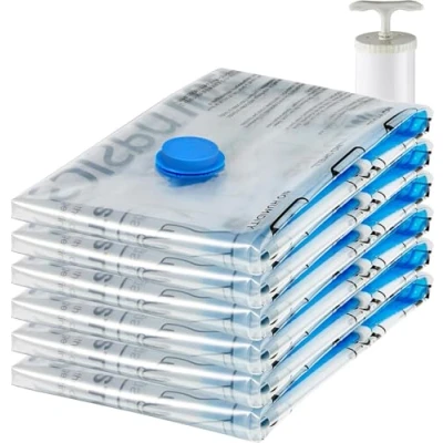 Imagen de Amazon Basics Paquete de 6 bolsas vacío para almacenamiento ropa, incluyen bomba manual vacío, con cremallera, tamaño extragrande,Jumbo, Transparente