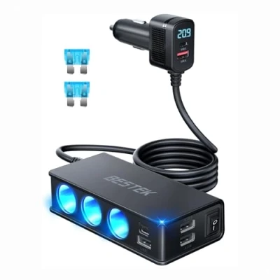 Imagen de BESTEK Cargador Coche Carga Rapida,Cargador Mechero Movil USB C PD 30W Qc3.0,Adaptador Accesorios 12V/24V con 3 Tomas De 6 Puertos Pantalla Led para Iphone Dash Cam