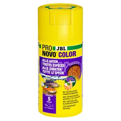 Imagen de JBL PRONOVO Color Grano Click gránulos de pienso para Todos los Peces Acuario 3 a 10 cm, dosificador Clic, piensos Peces, tamaño S, 100 ml