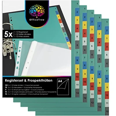 Imagen de OfficeTree 5x Separadores Archivador de Plástico con Numérica 1 12 en Multicolor y Fundas Transparentes Adecuadas para Separador 4 Anillas A4 Plastico