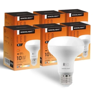 Imagen de SINCELIGHT Bombillas LED 10W con casquillo E27, reflector R80 difusor lechoso, foco sofer, blanco cálido 2700K, color rico RA≈92, paquete de 6