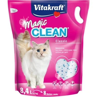 Imagen de Vitakraft Magic Clean Classic, arena no aglomerante para gatos, fabricada con microesferas minerales, inhibe las bacterias, especialmente baja en polvo, tiene una duración de 8 semanas (1x 8,4l)