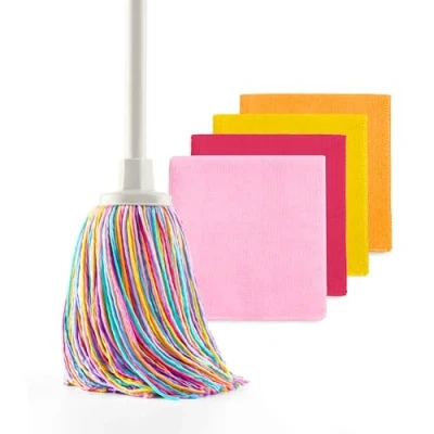Imagen de Happy Rainbow Fregona con 4 bayetas de Microfibra reciclada Set Limpieza sostenible para hogar y Todo Tipo Superficies Super Absorbente Resistente Edición: Sunrise