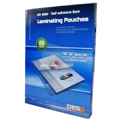 Imagen de DESQ® 100 láminas para plastificar, A4, 80 micras, con reverso autoadhesivo, esquinas redondeadas, 216 x 303 mm