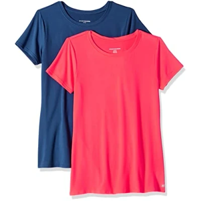 Imagen de Amazon Essentials Camiseta técnica elástica de Manga Corta y Cuello Redondo (Disponible en Tallas Grandes) Mujer, Pack 2, Azul Marino/Rosa Brillante, S