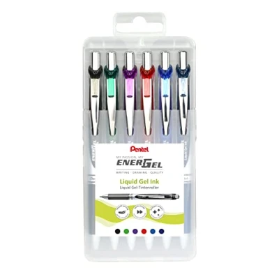 Imagen de Pentel BL77 6 EnerGel Bolígrafo de tinta gel con mecanismo presión, diámetro bola 0,7 mm = 0,35 grosor trazo, recargable, caja plástico, unidades, colores surtidos, 12