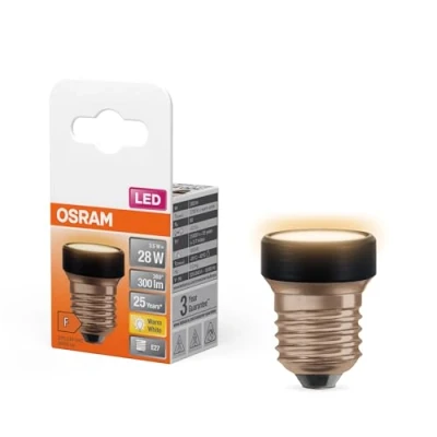 Imagen de OSRAM LED Star Flat con 3,5 W (como 28 W), 300 lm/2700 K, 827 blanco cálido, esmerilado, plástico negro, rosca E27, no regulable, 35 mm de diámetro.