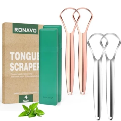 Imagen de RONAVO Rascador de lengua para adultos (4 piezas), raspador metal inoxidable (estuches viaje incluidos), reduce el mal aliento, raspadores cuidado bucal, fácil usar
