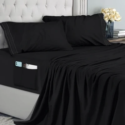 Imagen de Utopia Bedding Juego De Sabanas Bordadas 4 Piezas 180x200 Microfibra Poliéster, Sábana Bajera con Bolsillos Almacenamiento, Plana Y 2 Fundas Almohada (Cama 180, Negro)