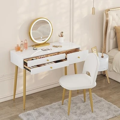 Imagen de WOLTU Tocador Maquillaje con Espejo de Luz Regulable en 3 Niveles, Mesa Cajones, Escritorio Grande 100x40 cm, Silla Ajustable Respaldo Terciopelo, Blanco+Crema+Dorado, MB6105ws