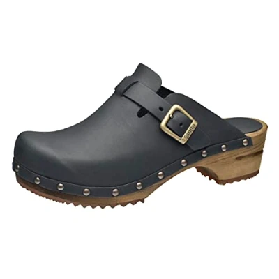 Imagen de Sanita Kristel Zuecos Abiertos Producto Artesanal Original para Mujer de Piel con Suela Madera Negro 37 EU