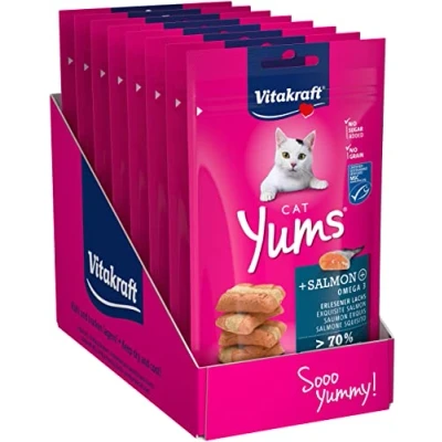 Imagen de Vitakraft Cat Yums, Snack Jugoso para Gatos con Salmón y Omega 3 Pack de 9 x 40 g
