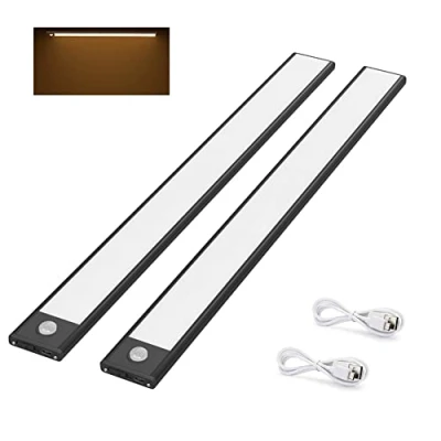 Imagen de Klighten 2 Pcs Luz Armario 40cm con Sensor Movimiento, 73 LED, 170 LM, Luces LED USB Recargable, Lámpara de Tira Magnética, Nocturna para Gabinet Cocina, Blanco cálido, Negro