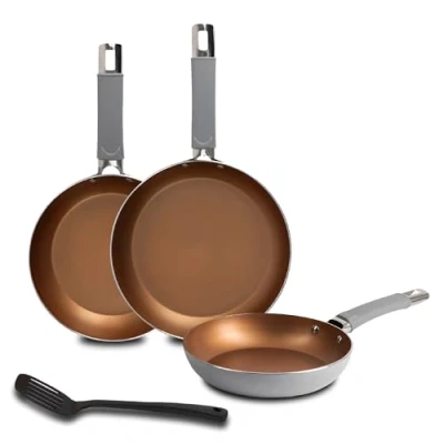 Imagen de BERGNER LOJA REECO Juego 4 Pzs Sartenes + Espátula Ranurada (18, 22, 26 cm) Aluminio Forjado Revestimiento Antiadherente Mango Ergonómico Inducción Compatible, Cobre