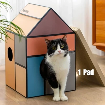 Imagen de Conlun Casa para Gatos Cartón con Rascador Carton &amp; Catnip, Fácil de Armar Gato Diversos Estilos Decoración del Hogar, Juguetes Pequeños Animales Interiores