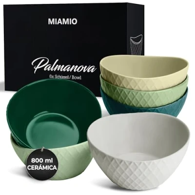 Imagen de MIAMIO 6 x 800 ml Juego de cuencos/Juego cuencos cereales modernos mate grandes Colección Palmanova (Verde)