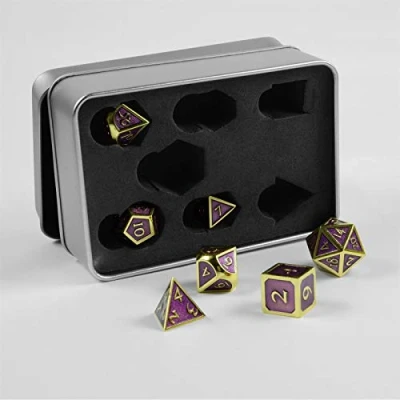 Imagen de shibby 7 Dados poliédricos de Metal para Juegos rol y Mesa en Aspecto Steampunk Dorado Morado, Incluye Caja Almacenamiento