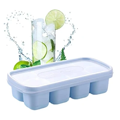 Imagen de Cubitera de silicona bandeja cubitos hielo fácil abrir con 8 compartimentos y tapa, flexible para congelador, bandejas apilables