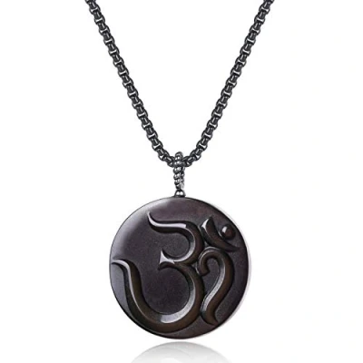 Imagen de COAI Collar con Colgante OM de Obsidiana Negra Piedra Natural para Hombre Cadena Acero Inoxidable 60cm