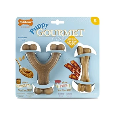Imagen de Nylabone Máxima Fuerza Extrema Tough Extreme Cachorro Gourmet Huesos masticable Adulto Dientes continuos con Pollo y Mantequilla de maní pequeño para Cachorros 0 11 kg Pack Doble