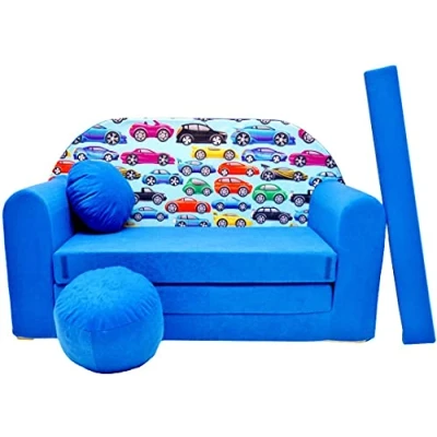 Imagen de Pro Cosmo Juego de sofá Infantil 3 en 1 + Taburete Acolchado y cojín C21 Cama para niños Azul 168 x 98 60 cm