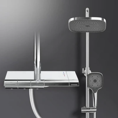 Imagen de EMKE sistema de ducha con termostato, conjunto columna ducha, cabezal mano 3 chorros, lluvia, cromado