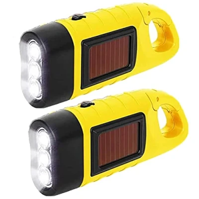 Imagen de linterna LED 2 unidades, Solar, de manivela, LED, recargable, resistente al agua Torch Light con mosquetón para colgar aire libre, senderismo, regalo, equipo emergencia