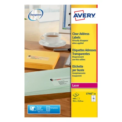 Imagen de Avery Zweckform L7562 25 Etiquetas para dirección postal, 99.1 x 33.9 mm, hojas, 400 etiquetas, transparentes