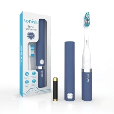 Imagen de Sonisk Pulse Cepillo de dientes eléctrico a pilas Tecnología Sonic 1 batería, 2 cabezales cepillo, estuche viaje incluido 31,000 golpes por minuto Tamaño portátil Azul acero