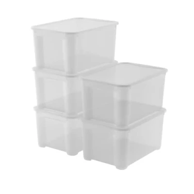 Imagen de Keter Juego de 5 Cajas organizadoras Plástico con Tapa T Box L, Transparentes, Ideales para Ropa y Almacenamiento, Aptas Armarios Garajes, 47 55x39x28 cm
