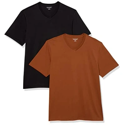 Imagen de Amazon Essentials Camiseta de manga corta, cuello pico, corte recto (disponible en tallas grandes y largos especiales) Hombre, Pack 2, Negro/Marrón, M