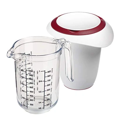 Imagen de Westmark Set 2 unidades, Jarra medidora de 1l y recipiente para batir Con tapa dos partes 1l, medición escala multilingüe, vertido, Plástico,Gerda, Transparente/Blanco/Rojo, 306822E6
