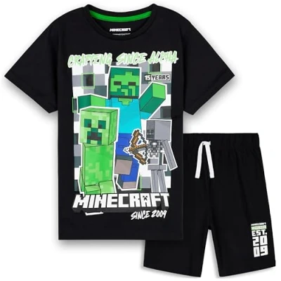Imagen de Minecraft Pijama Set Corto, Transpirable de 2 Piezas para Niños (Negro, 9 10 Años)