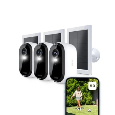Imagen de Arlo Essential 2 Camara Vigilancia WiFi Exterior + Panel Solar (3), HD, Interior, Sensor de Movimiento, Alarmas Para Casa, Prueba Secure Incluida, 3 Cámaras, Blancas