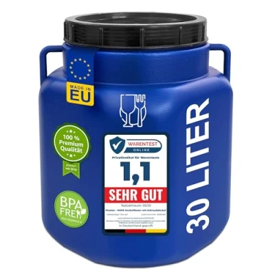 Imagen de plasteo® barril de boca ancha 30 litros con tapa y asas, rectangular, azul, apto para alimentos sin BPA, plástico, universal, agua, lluvia,