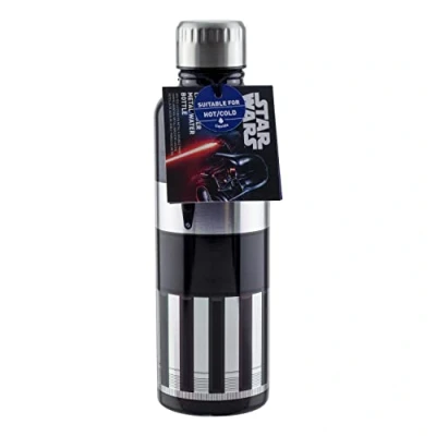 Imagen de Paladone Botella de agua metálica Lightsaber Darth Vader Producto oficial Disney Star Wars, colección vintage, para bebidas calientes y frías con tapa a prueba fugas, 500ml
