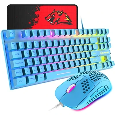 Imagen de Teclado y Mouse para Juegos, USB retroiluminado con Arco Iris de 88 Teclas + Juegos Ultraligero programable 6400 PPP, PC PS4 PS5 Xbox portátil Mac (Azul)