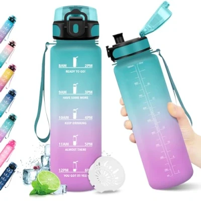Imagen de KollyKolla Botella Agua 1L, Agua, Motivadora, Prueba de Fugas, sin BPA, Reutilizable Cantimplora para Adulto, Colegio, Gimnasio, Oficina, Bicicleta, Gym, Fitness