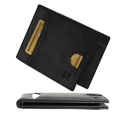 Imagen de KRONIFY Cartera para Hombres Billetera de Cuero Genuino con Protección RFID Compartimento Monedas 13 Compartimentos Tarjetas Pequeña Caja Regalo Nappa Negro