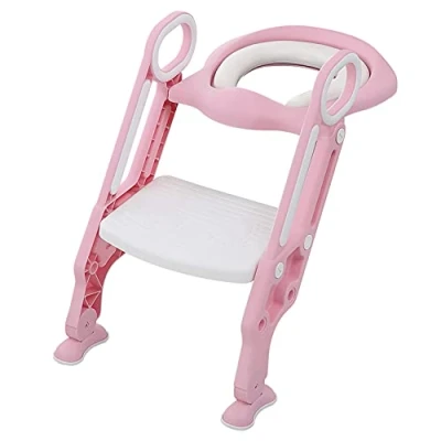 Imagen de Asiento de Inodoro para Niños con Escalera, Pedales Anchos y Antideslizantes Suave Cojín Poliuretano, Plegable, Altura Ajustable 38 42 cm