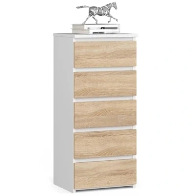 Imagen de AKORD Cómoda con 5 cajones Alta Mueble Moderno para Sala de Estar, Comedor, Dormitorio, Entrada, baño Armario habitación Infantil 35x40x92 cm Blanco &amp; Roble Sonoma Frente