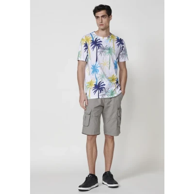 Imagen de Camiseta de Manga Corta Algodón con Estampado Tropical y Cuello Redondo en Color Multicolor para Hombre