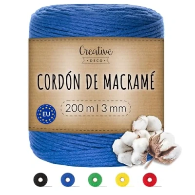 Imagen de Creative DECO 3mm x 200m Cuerda Macramé Hilo Algodón Azul Espesor + 0.5 mm Cordón Rollo Grande Natural Grueso Fuerte Decoración Manualidades Artesanía Bricolaje y Embalaje