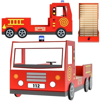 Imagen de Deuba Cama Infantil Coche de Bomberos 200x90cm 100% Madera Ruedas Sirena Volante Giratorio Sommier Incl.