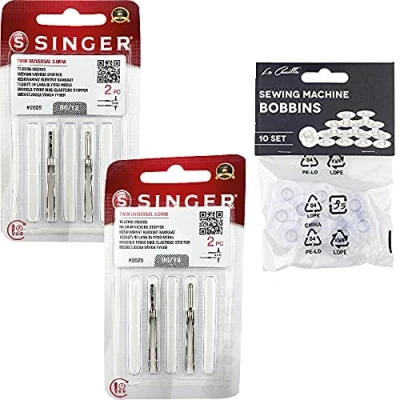 Imagen de Pack de 4 Agujas Dobles para Máquinas Coser Singer 2025 Grosor 80/12 y 90/14 Separación 3mm Universales 130/705 H (Talón Plano un Lado) Twin Needles Gemelas