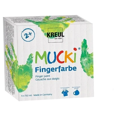Imagen de Kreul 2314 Mucki Set de 4 pintura dedos, 150 ml vegana, lavable y utilizable con dedo, pincel esponja Colores claros, para dedos